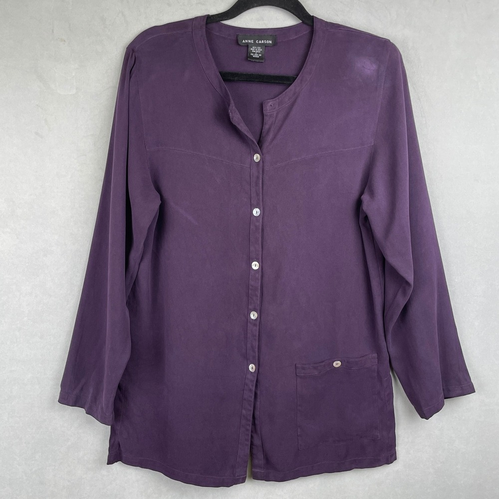 VTG Anne Carson Womens Purple 100% Silk Twill Button Down Blouse Tunic Elegant S